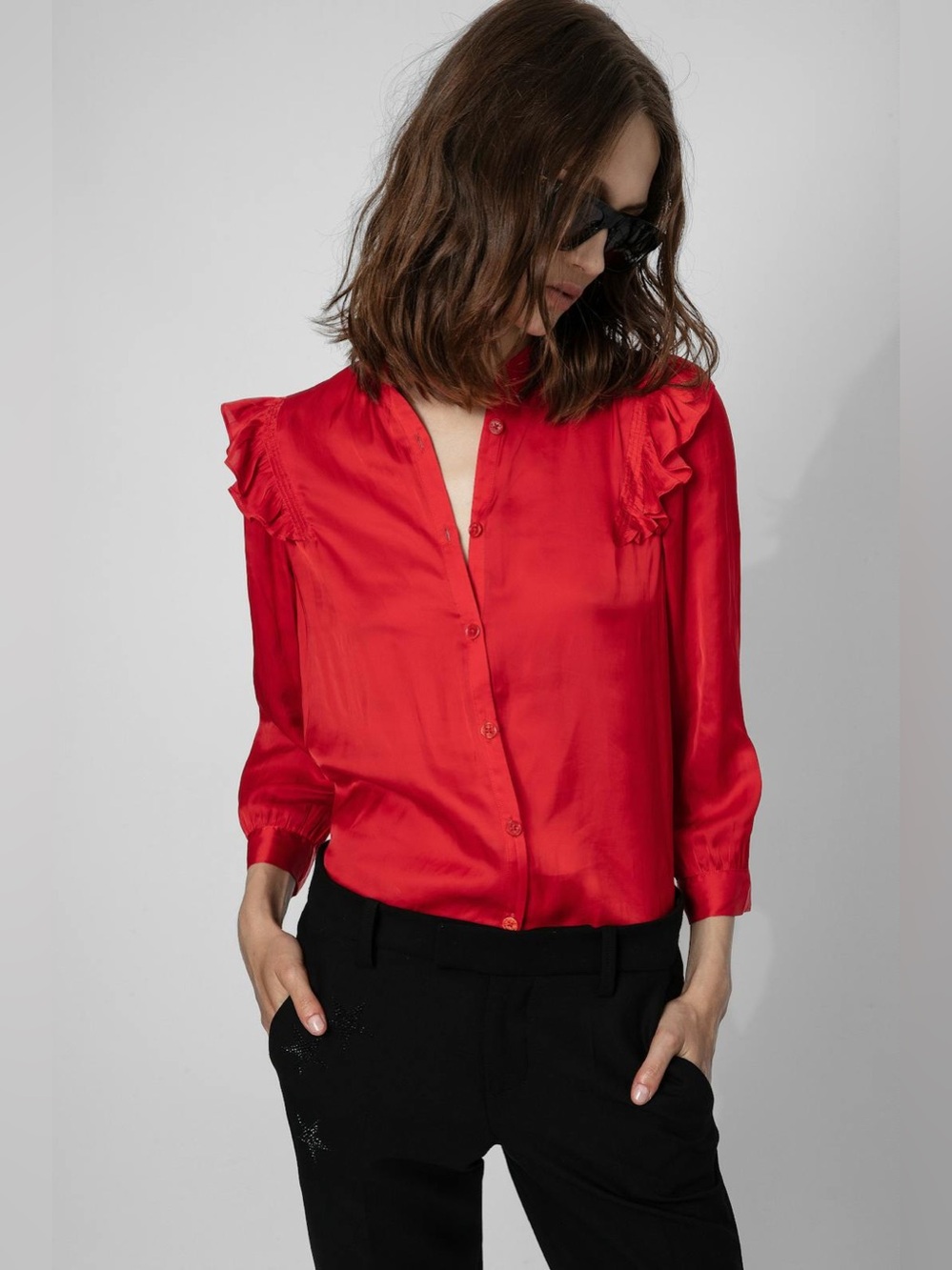 Zadig & Voltaire Tygg Scarlet Ruffle-Shoulder Silk Blouse ❤️IN STORES❤️